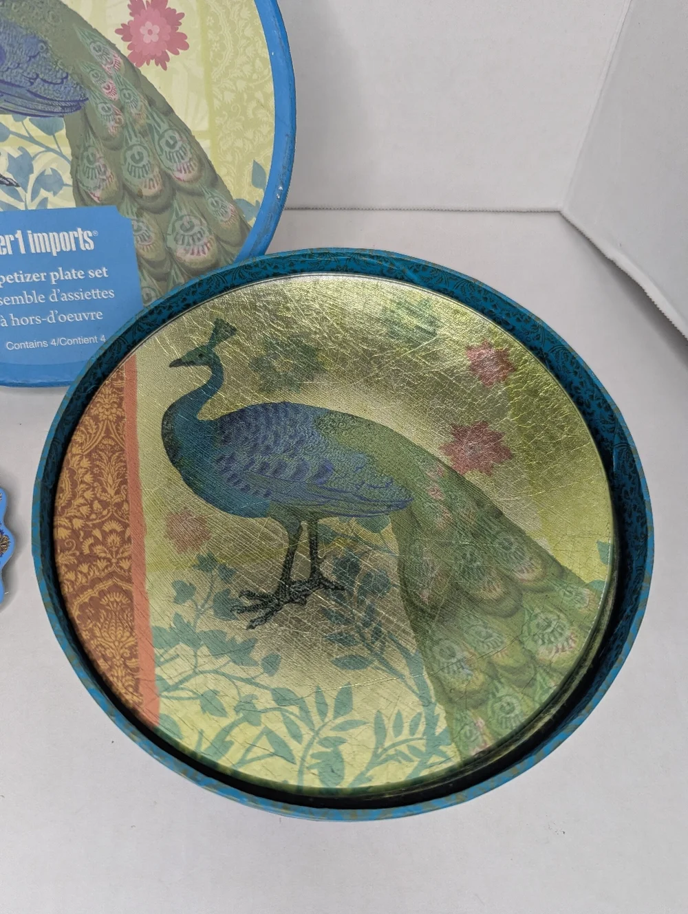 Pier 1 Peacock 4 Foil Glass App Plates Set And 15 Pc Die Cut Coasters Set Bundle